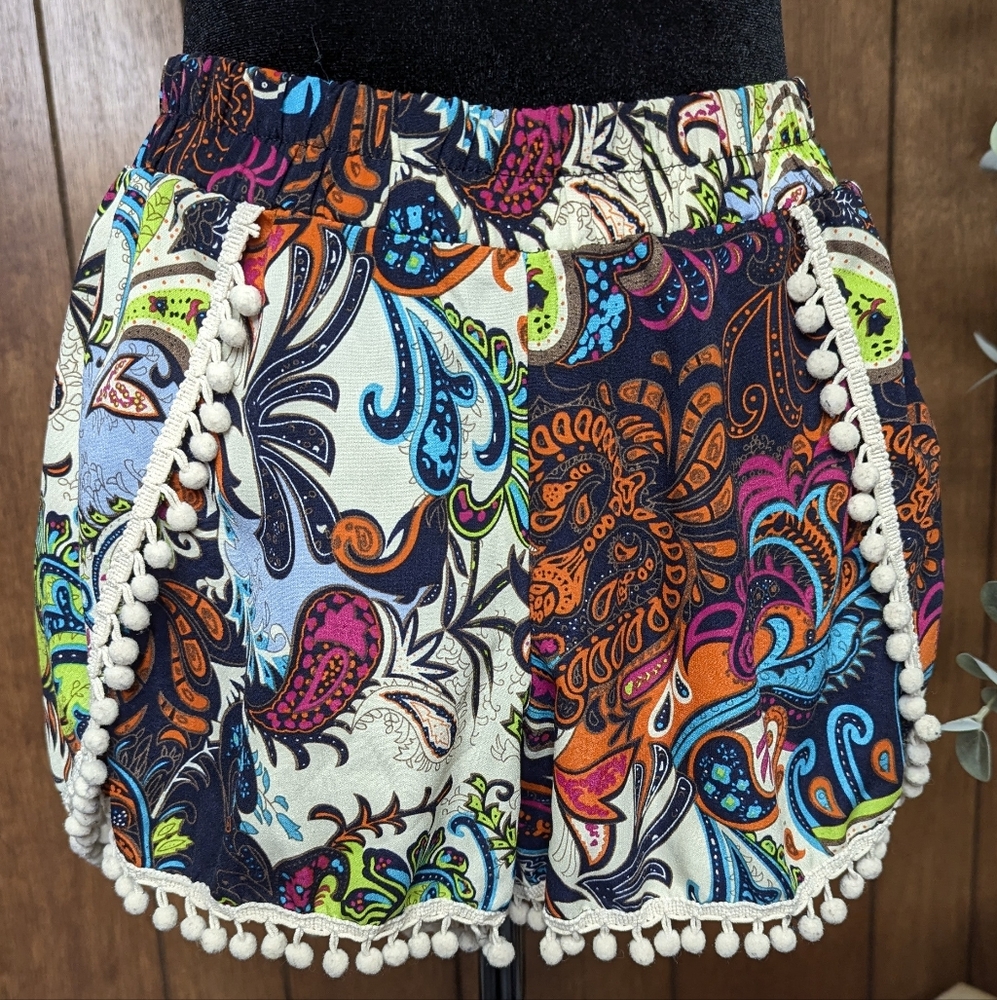 Rue21 Boho Paisley Pom Pom Shorts Size S Y2K Festival Style